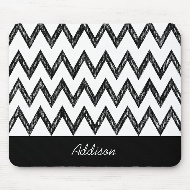 Trendy Pencil Black and White Chevron With Name Mouse Mat (Front)