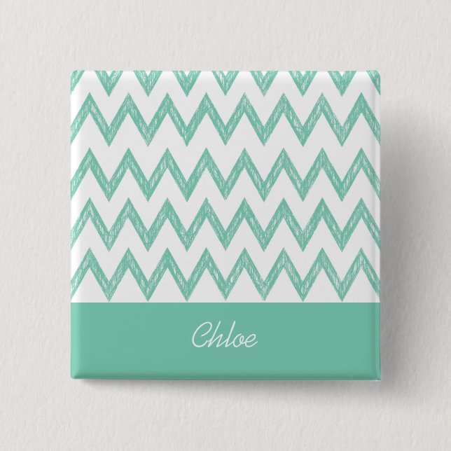 Trendy Pencil Mint Green Chevron Zigzags With Name 15 Cm Square Badge (Front)