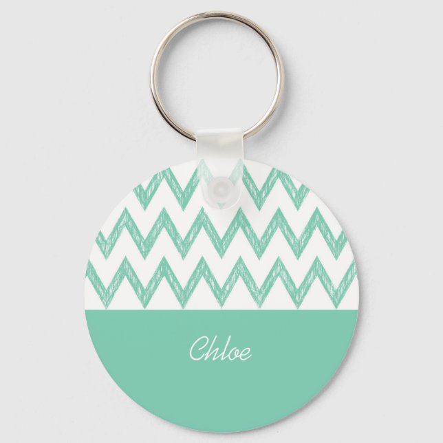 Trendy Pencil Mint Green Chevron Zigzags With Name Key Ring (Front)