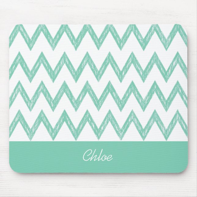 Trendy Pencil Mint Green Chevron Zigzags With Name Mouse Mat (Front)