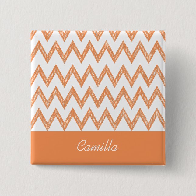 Trendy Pencil Orange Chevron Zigzags With Name 15 Cm Square Badge (Front)