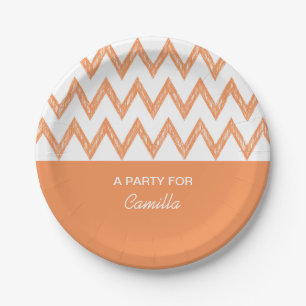 Trendy Pencil Orange Chevron Zigzags With Name Paper Plate