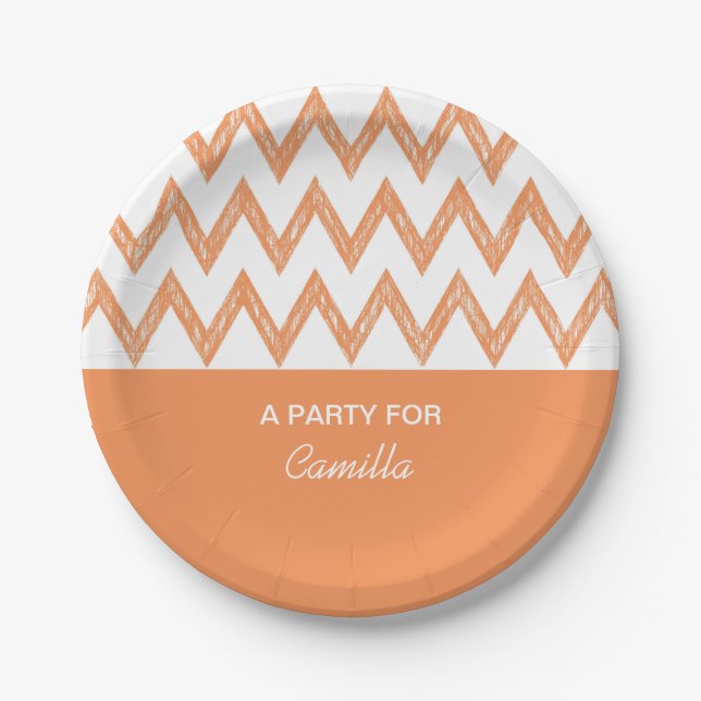 Trendy Pencil Orange Chevron Zigzags With Name Paper Plate (Front)