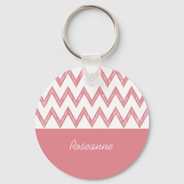 Trendy Pencil Pink Chevron Zigzags With Name Key Ring (Front)