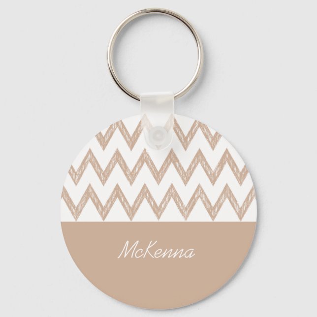 Trendy Pencil Tan Chevron Zigzags With Name Key Ring (Front)