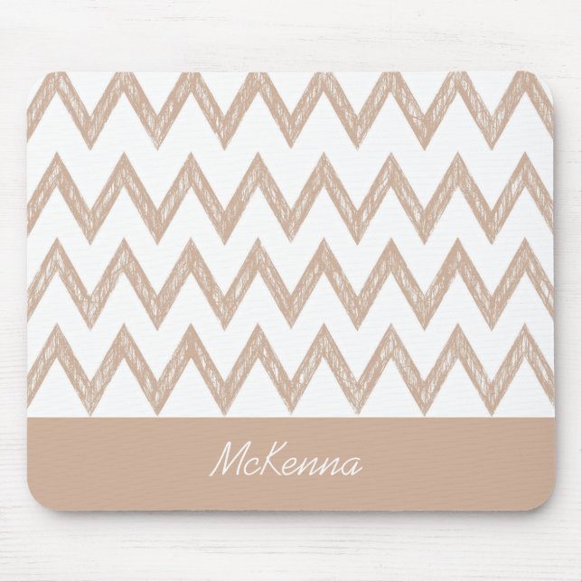 Trendy Pencil Tan Chevron Zigzags With Name Mouse Mat (Front)