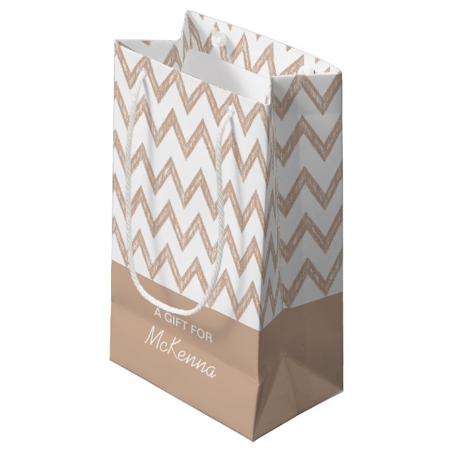 Trendy Pencil Tan Chevron Zigzags With Name Small Gift Bag (Front Angled)