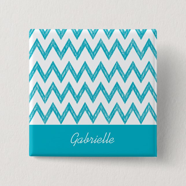 Trendy Pencil Turquoise Chevron Zigzags With Name 15 Cm Square Badge (Front)