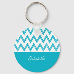Trendy Pencil Turquoise Chevron Zigzags With Name Key Ring