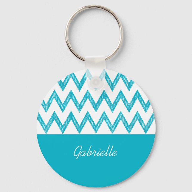 Trendy Pencil Turquoise Chevron Zigzags With Name Key Ring (Front)