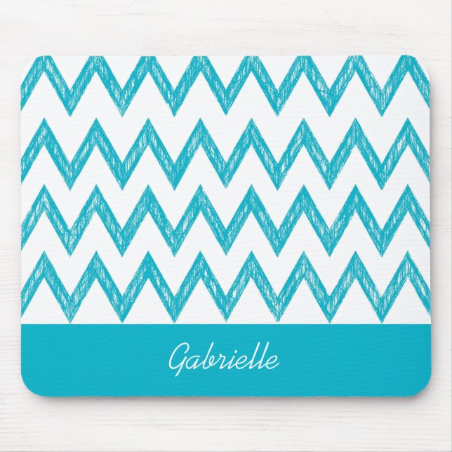 Trendy Pencil Turquoise Chevron Zigzags With Name Mouse Mat (Front)