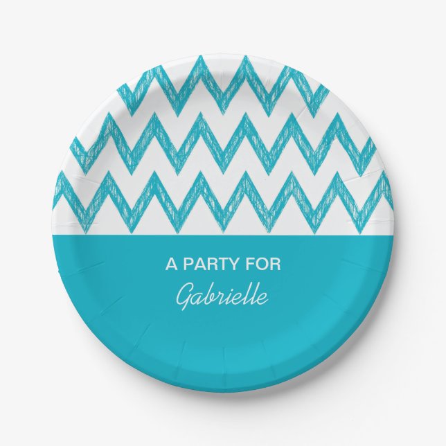 Trendy Pencil Turquoise Chevron Zigzags With Name Paper Plate (Front)