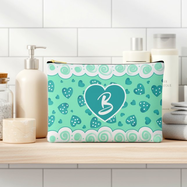 Trendy Peppermint Green Heart With Dots And Swirls Accessory Pouch (Gorgeous peppermint green adorned with hearts a gift you or your friend or family member will love)