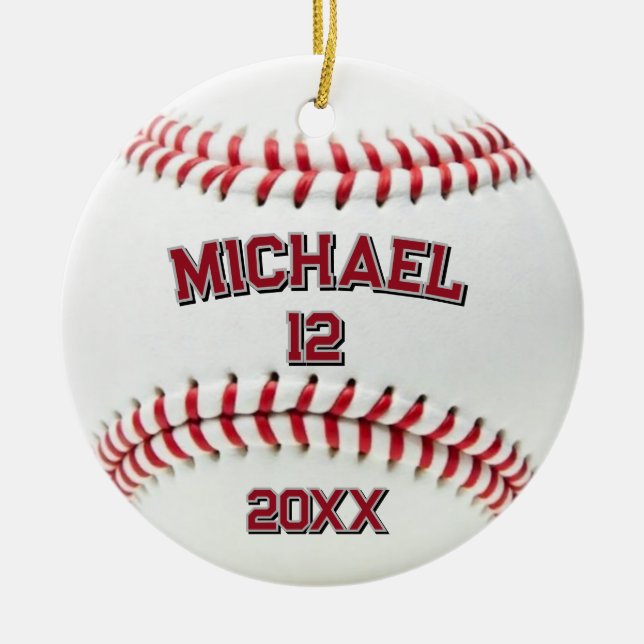 Trendy Personalised Baseball Name and Number       Ceramic Tree Decoration (Front)