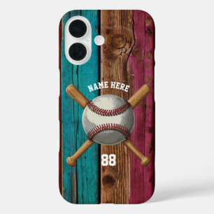 Trendy Personalised Baseball Name and Number Wood iPhone 16 Case