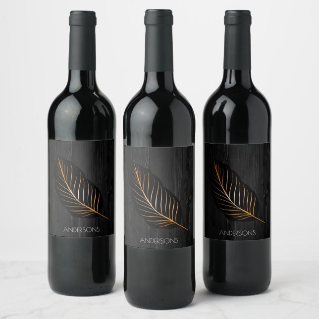 Trendy Personalised Black Wood Gold Foil Leaf Wine Label (Bottles)