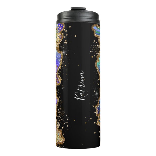 Trendy Personalised Blue Gold Agate Marble Glitter Thermal Tumbler (Front)