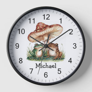 Trendy Personalised Cute Happy Frog and Mushrooms  Clock