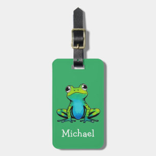 Trendy Personalised Cute Happy Frog Green  Luggage Tag