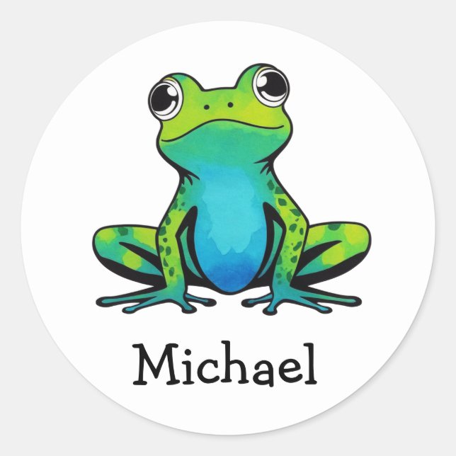 Trendy Personalised Cute Happy Green Frog Classic Round Sticker (Front)