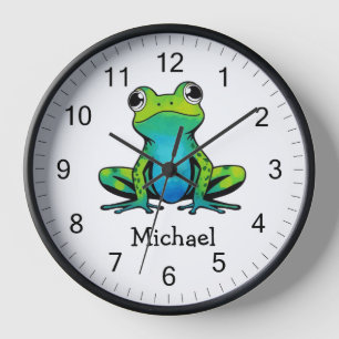 Trendy Personalised Cute Happy Green Frog  Clock