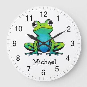 Trendy Personalised Cute Happy Green Frog  Large Clock