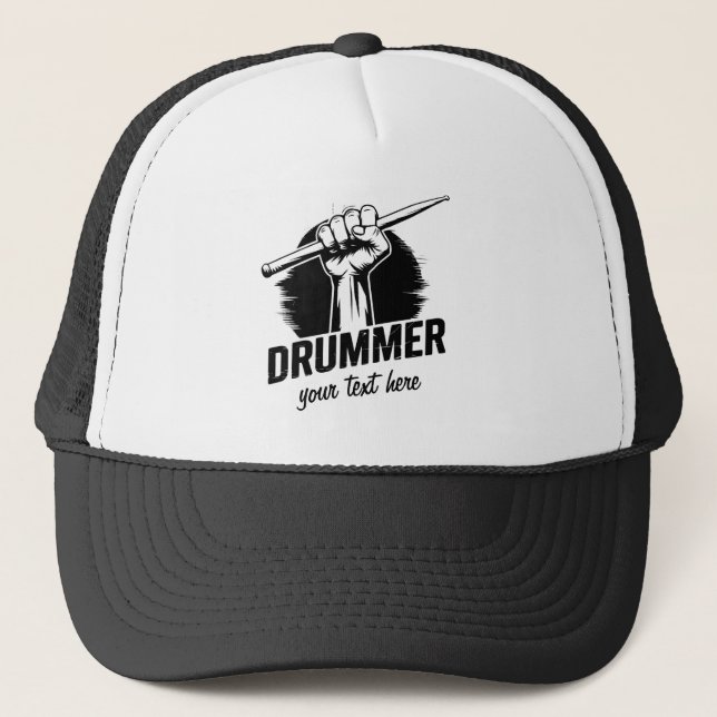 Trendy Personalised Drummer Fist With Drumsticks   Trucker Hat (Front)