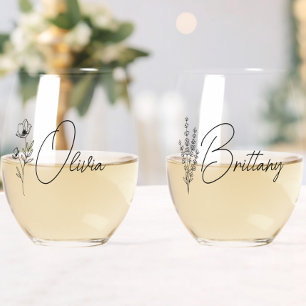 Trendy Personalised Floral Bridesmaid Stemless Wine Glass