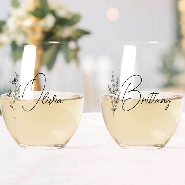 Trendy Personalised Floral Bridesmaid Stemless Wine Glass (maid of honor wine glass,bridesmaid wine glass with name,wildflower floral bridesmaid gifts,)