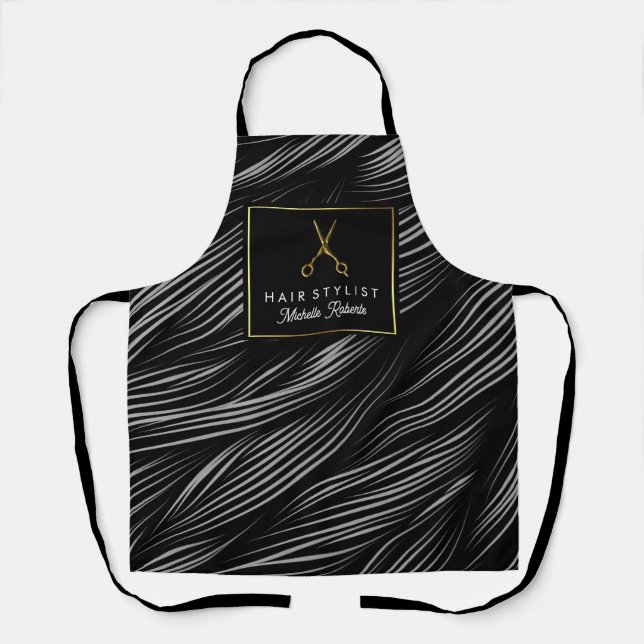 Trendy Personalised Gold Scissors Hair Salon black Apron (Front)
