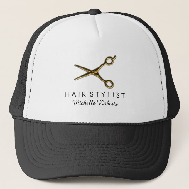Trendy Personalised Gold Scissors Hair Salon  Trucker Hat (Front)