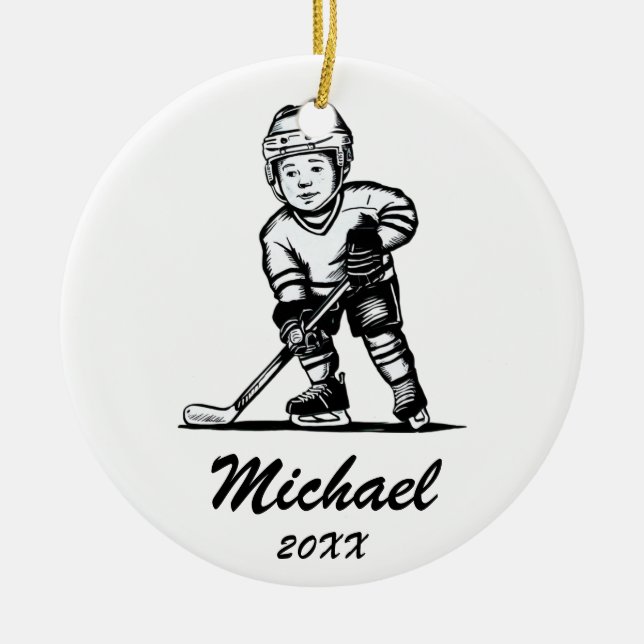 Trendy Personalised Hockey Player Name Ceramic Tree Decoration (Front)