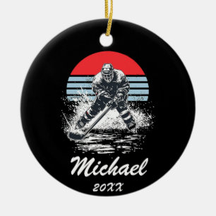 Trendy Personalised Hockey Player Name Ceramic Tree Decoration