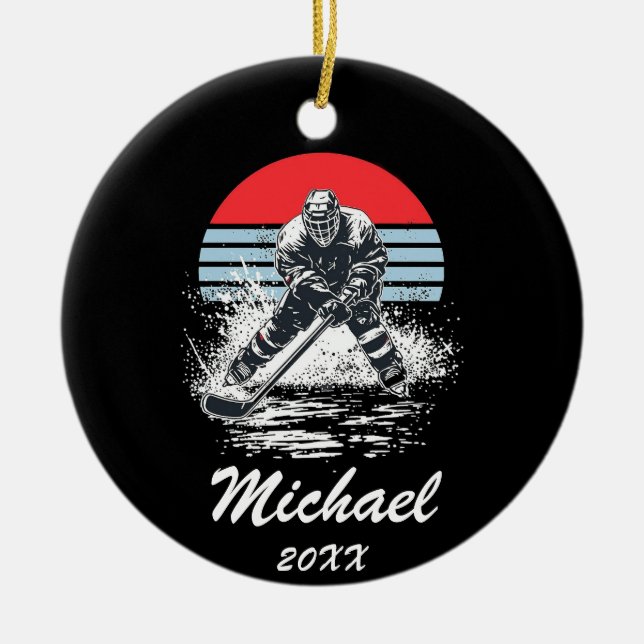 Trendy Personalised Hockey Player Name Ceramic Tree Decoration (Front)