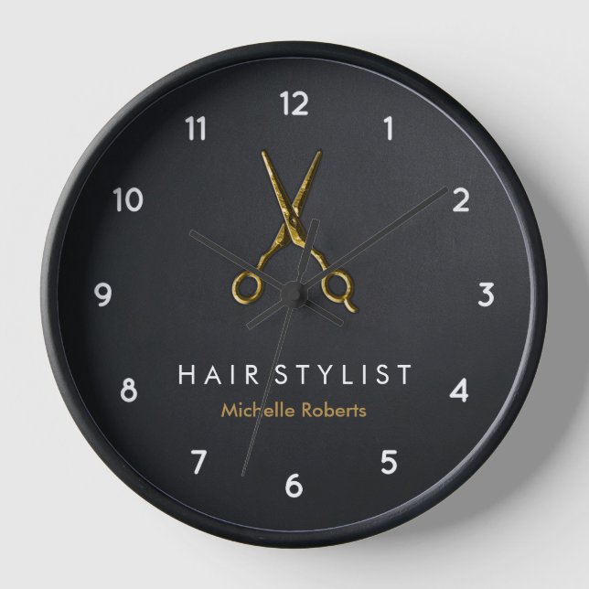 Trendy Personalised Modern black Gold Hairstylist  Clock (Front)