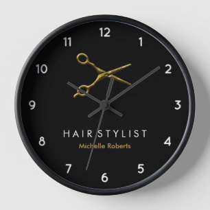 Trendy Personalised Modern black Gold Hairstylist  Clock