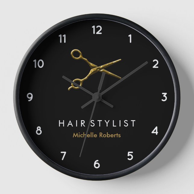 Trendy Personalised Modern black Gold Hairstylist  Clock (Front)