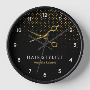 Trendy Personalised Modern black Gold Hairstylist  Clock