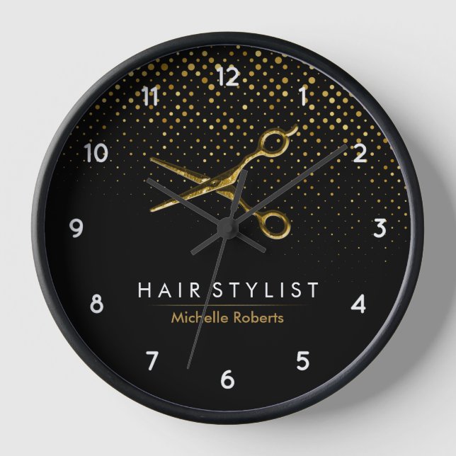 Trendy Personalised Modern black Gold Hairstylist  Clock (Front)