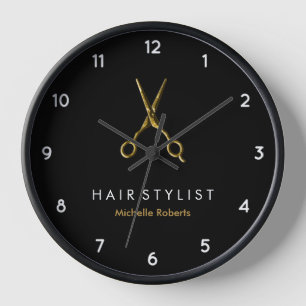 Trendy Personalised Modern black Gold Hairstylist  Clock