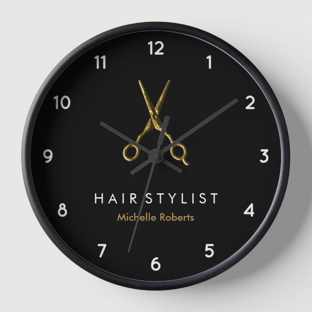 Trendy Personalised Modern black Gold Hairstylist  Clock (Front)