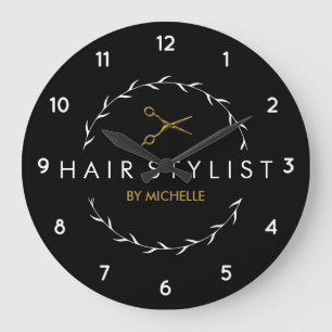 Trendy Personalised Modern black Gold Hairstylist  Large Clock