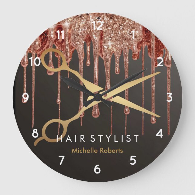 Trendy Personalised Modern black Gold Hairstylist  Large Clock (Front)