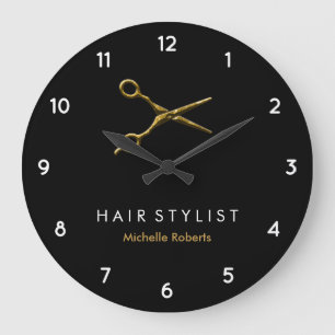 Trendy Personalised Modern black Gold Hairstylist Large Clock