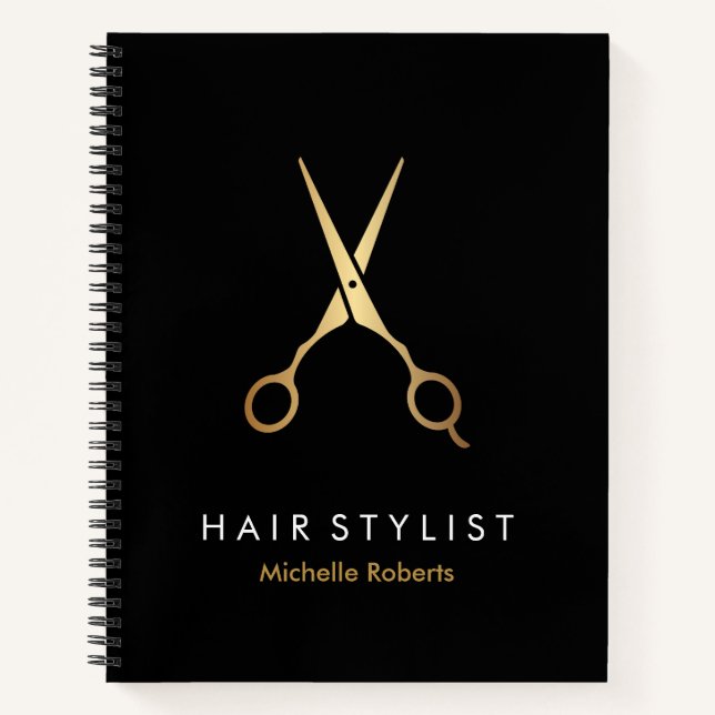 Trendy Personalised Modern black Gold Hairstylist Notebook (Front)