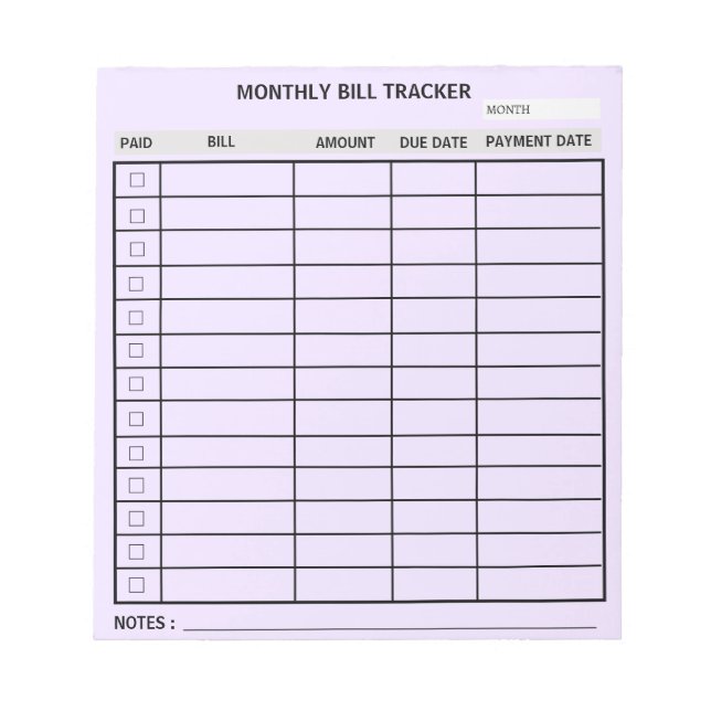 Trendy Personalised Monthly Bill Tracker Notepad (Front)