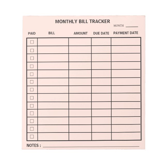 Trendy Personalised Monthly Bill Tracker Notepad (Front)