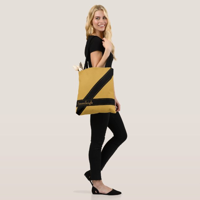 Trendy Personalised Mustard Yellow Black Stripes Tote Bag (On Model)