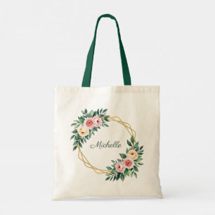 Trendy Personalised Name Botanical Gold Greenery Tote Bag