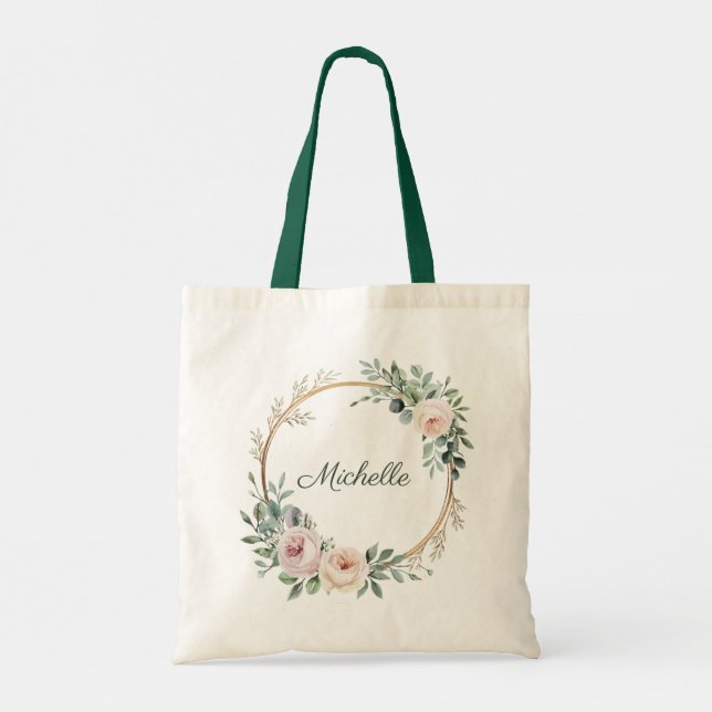 Trendy Personalised Name Botanical Gold Greenery   Tote Bag (Back)